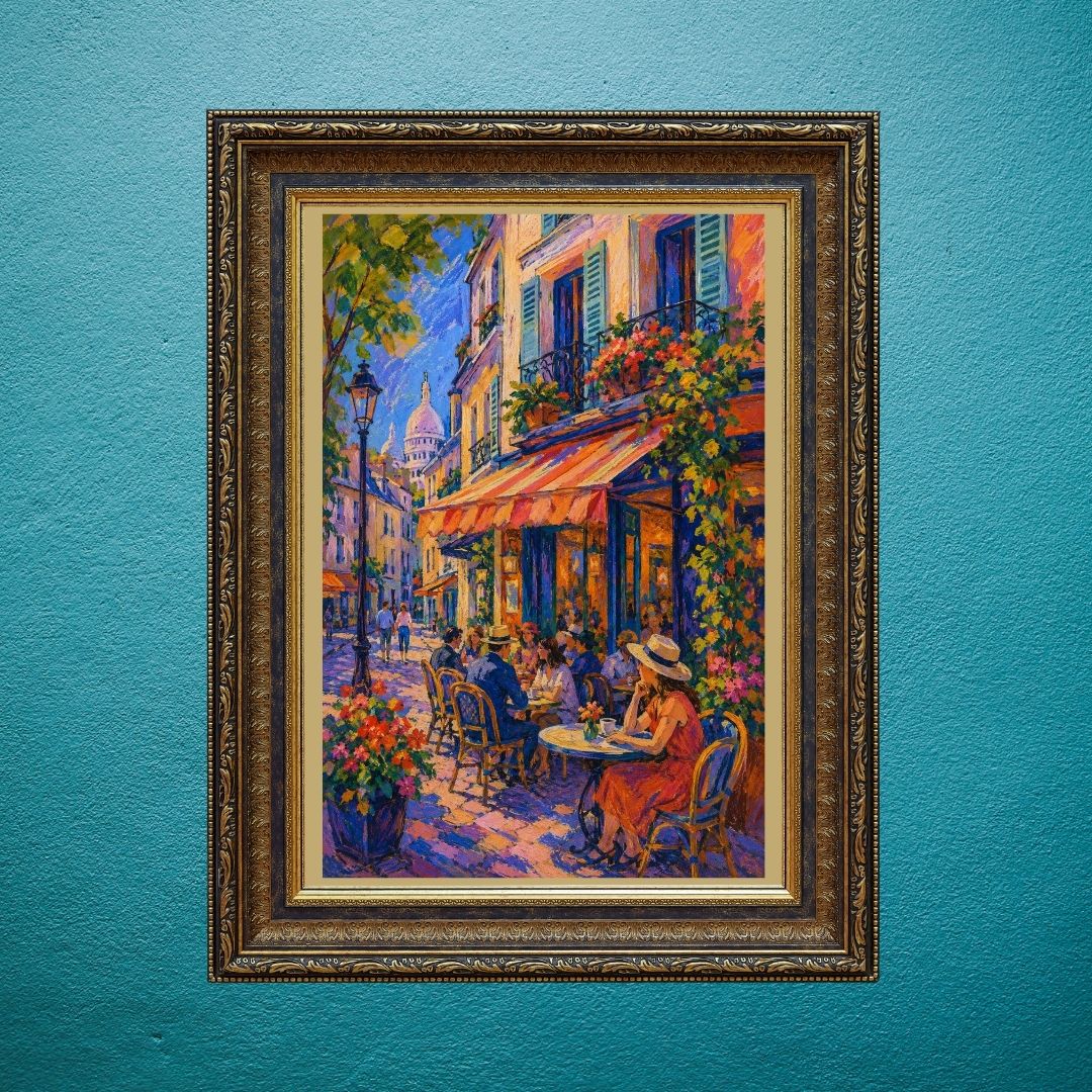 Sunlit Conversations Flourish Beneath Blossoming Balconies Along Parisian Streets | Pastel Digital Artwork