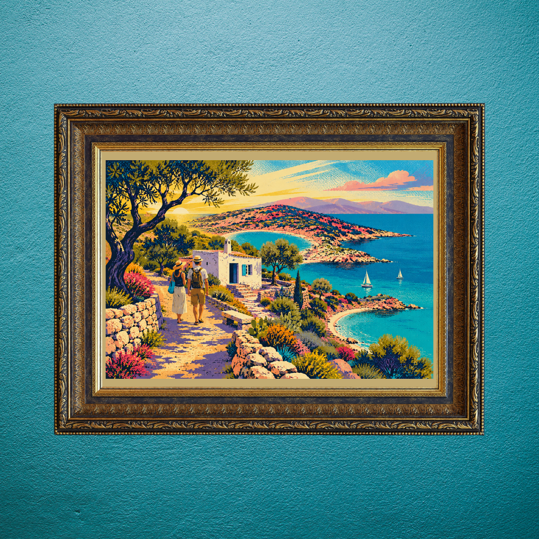 Turquoise Coves Unfold Beneath Olive Shadows and Coral Hills | Screen Print Digital Artwork
