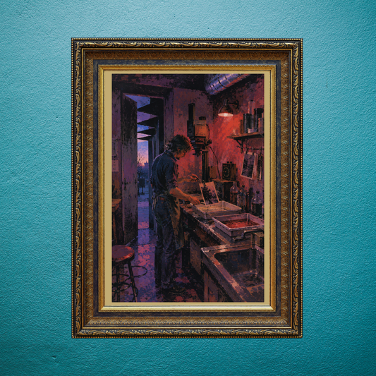 Analog Shadows Bloom Beneath the Darkroom’s Waiting Safelight Glow | Screen Print Digital Artwork