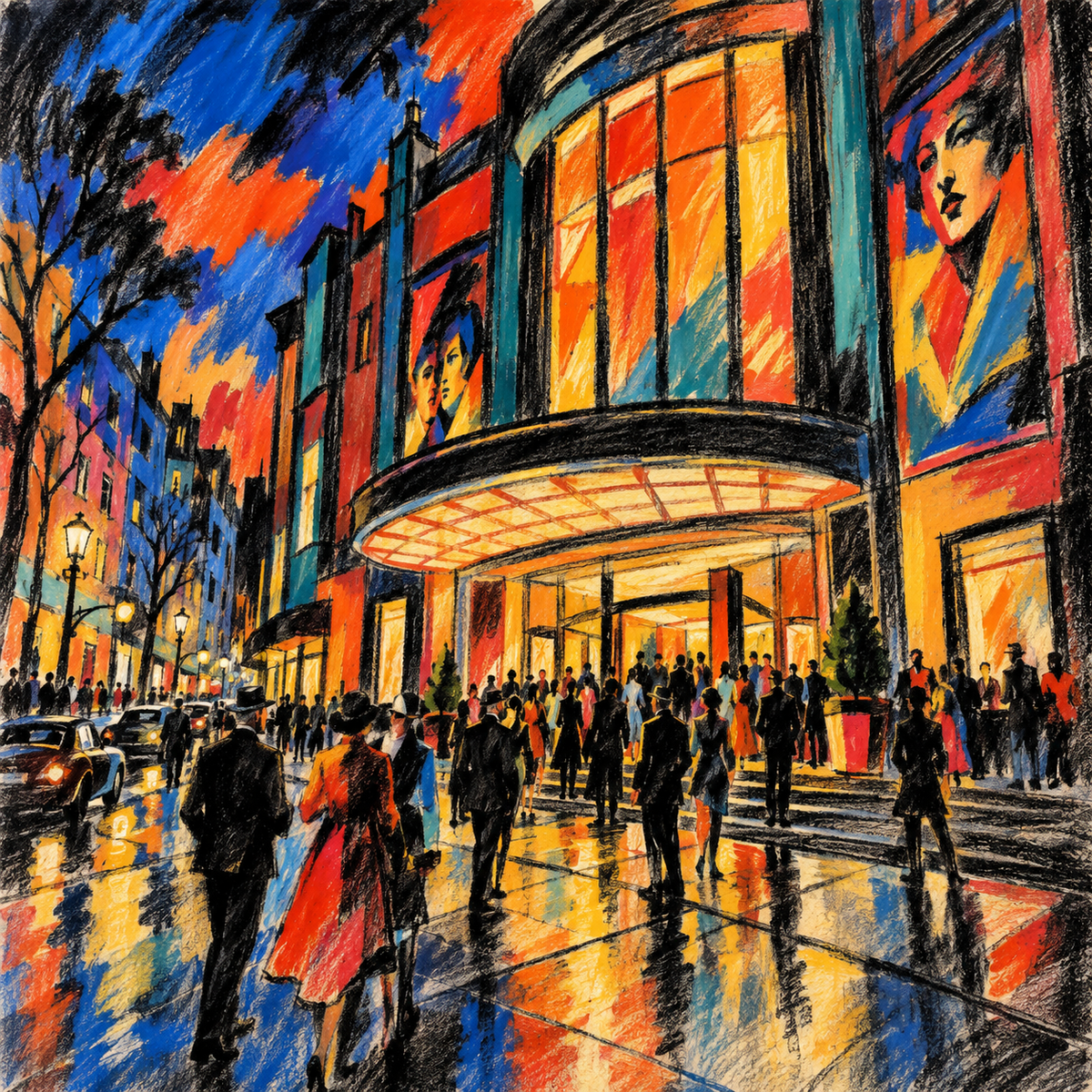 Electric Shadows — Cinema Culture in Fauvism Charcoal by Digital Artwork Gallery