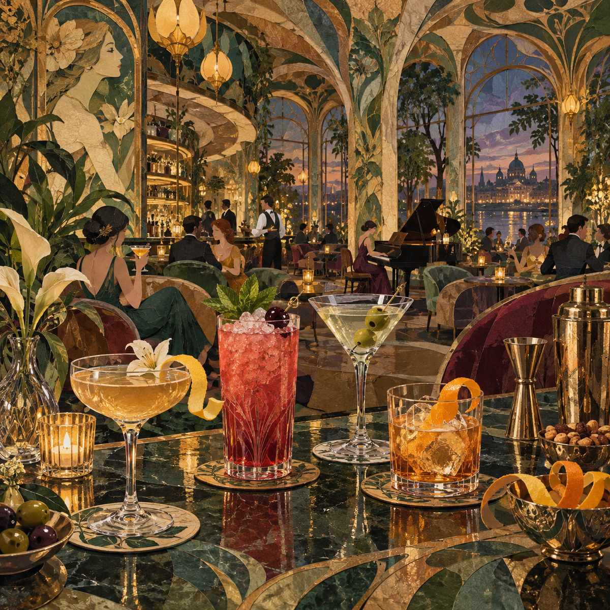 Cocktails in Flowing Art Nouveau, Collage by Digital Artwork Gallery