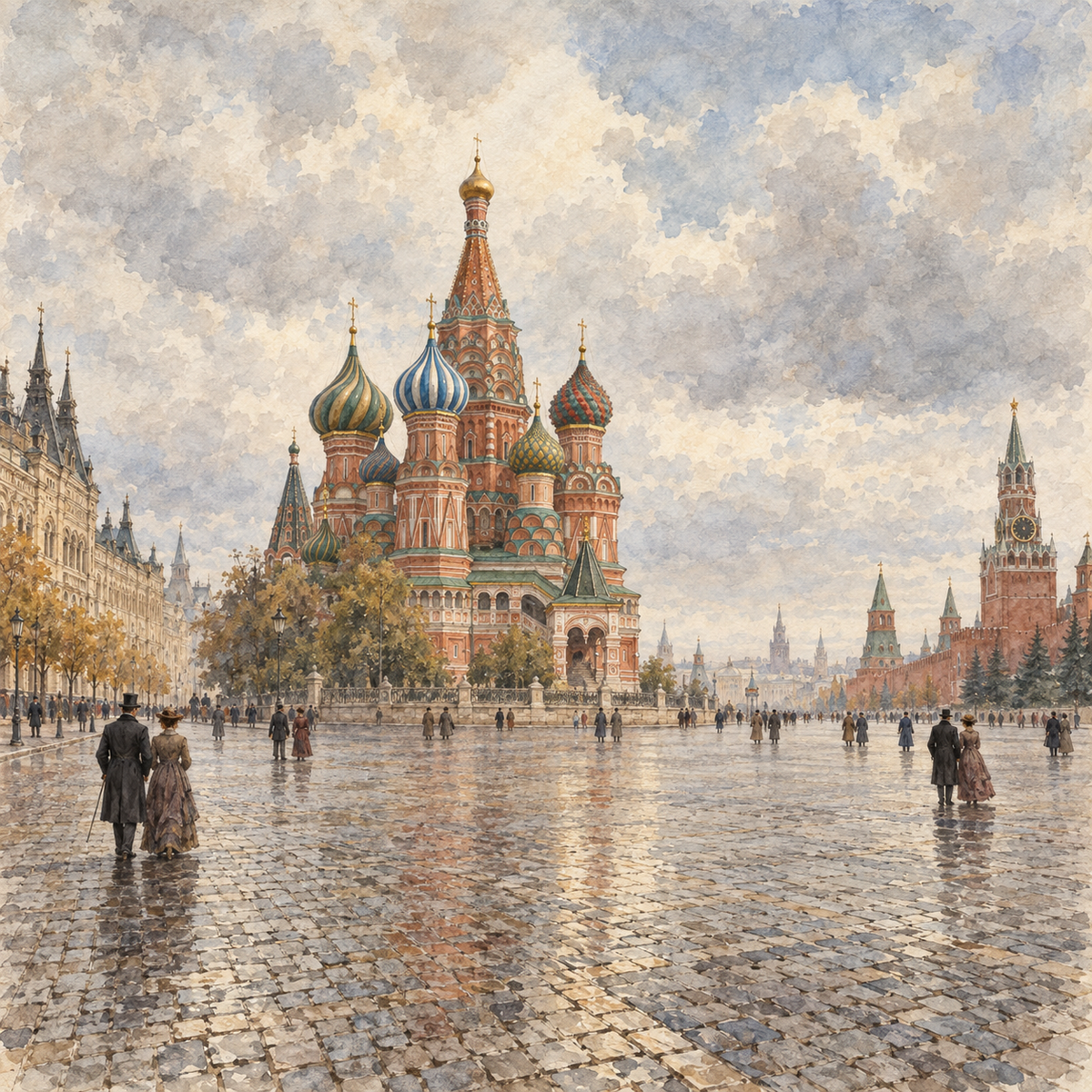 Digital Artwork Gallery | Watercolor Spires Beneath a Subdued Victorian Moscow Sky