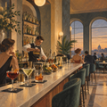 Digital Artwork Gallery | Marble-Era Cocktails in Velvety Casein Under Classical Evening Light