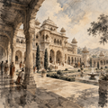 Indian Palace in Renaissance Sumi-e — Quiet Courtyards of Empire by Digital Artwork Gallery - Digital Artwork Gallery