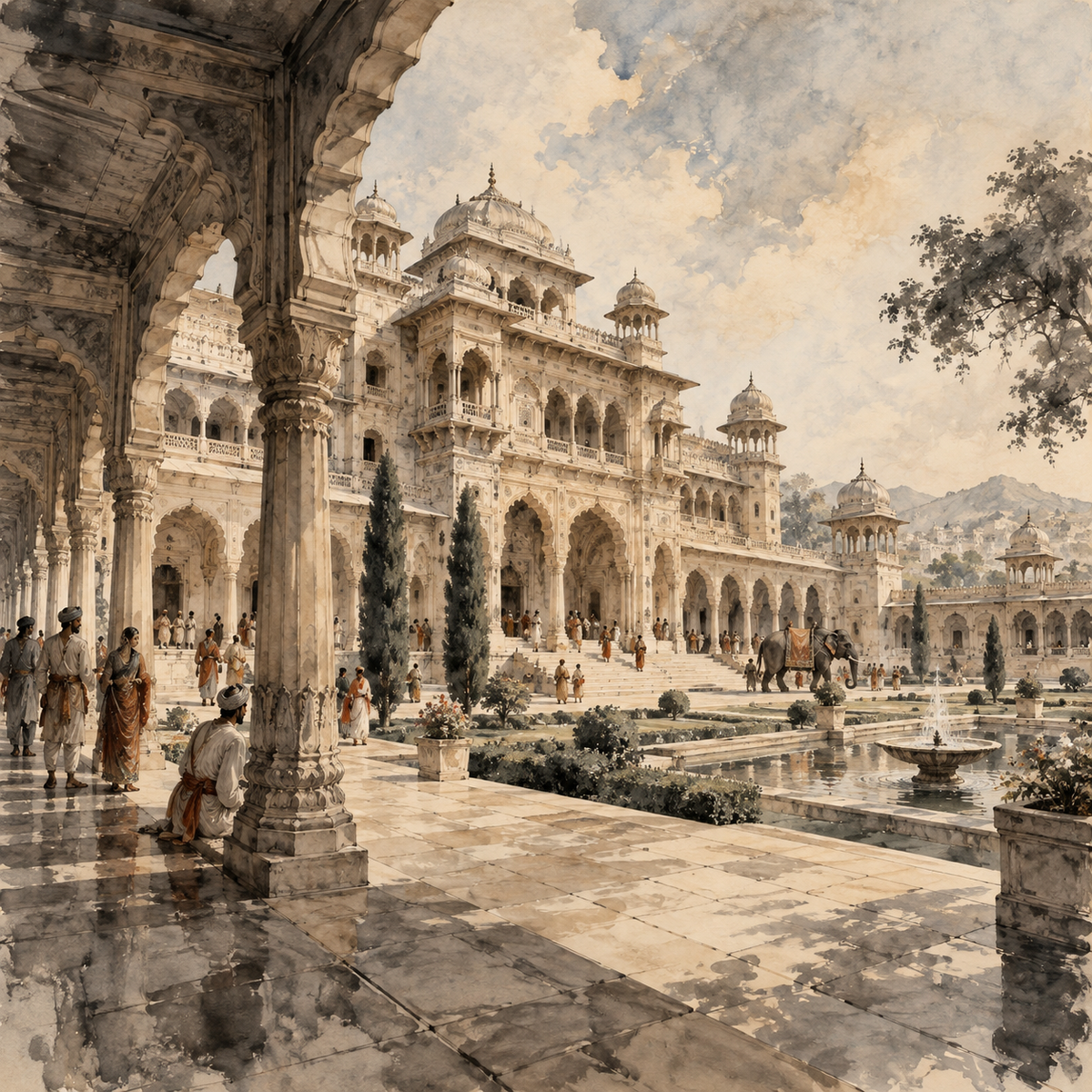 Indian Palace in Renaissance Sumi-e — Quiet Courtyards of Empire by Digital Artwork Gallery - Digital Artwork Gallery