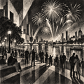 Digital Artwork Gallery | Charcoal Modernism Beneath Fireworks Over a Midnight Riverfront Gathering