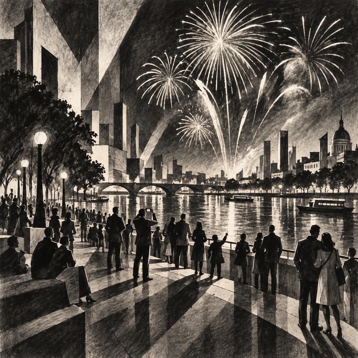 Digital Artwork Gallery | Charcoal Modernism Beneath Fireworks Over a Midnight Riverfront Gathering