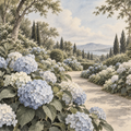 Digital Artwork Gallery | Clouded Hydrangeas in Quiet Ink Beneath Neoclassical Garden Light