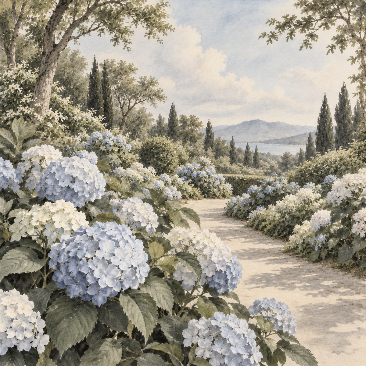 Digital Artwork Gallery | Clouded Hydrangeas in Quiet Ink Beneath Neoclassical Garden Light