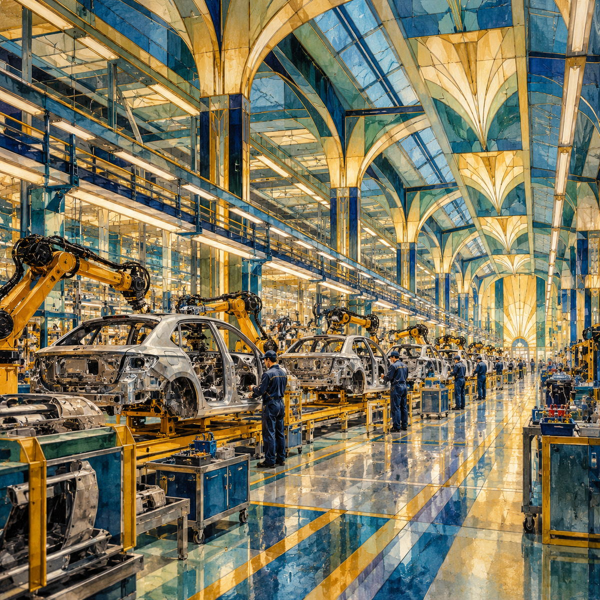 Digital Artwork Gallery | Automotive Plant in Translucent Art Deco Dye and Jewel-Like Industrial Light