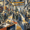 Digital Artwork Gallery | Machine Shop in Layered Bauhaus Collage with Crystalline Industrial Rhythm