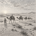 Digital Artwork Gallery | Desert Caravan Across Open Sand in Graphite Impressionist Light