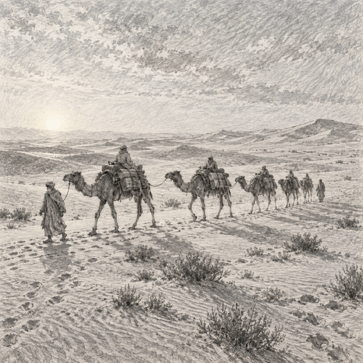 Digital Artwork Gallery | Desert Caravan Across Open Sand in Graphite Impressionist Light