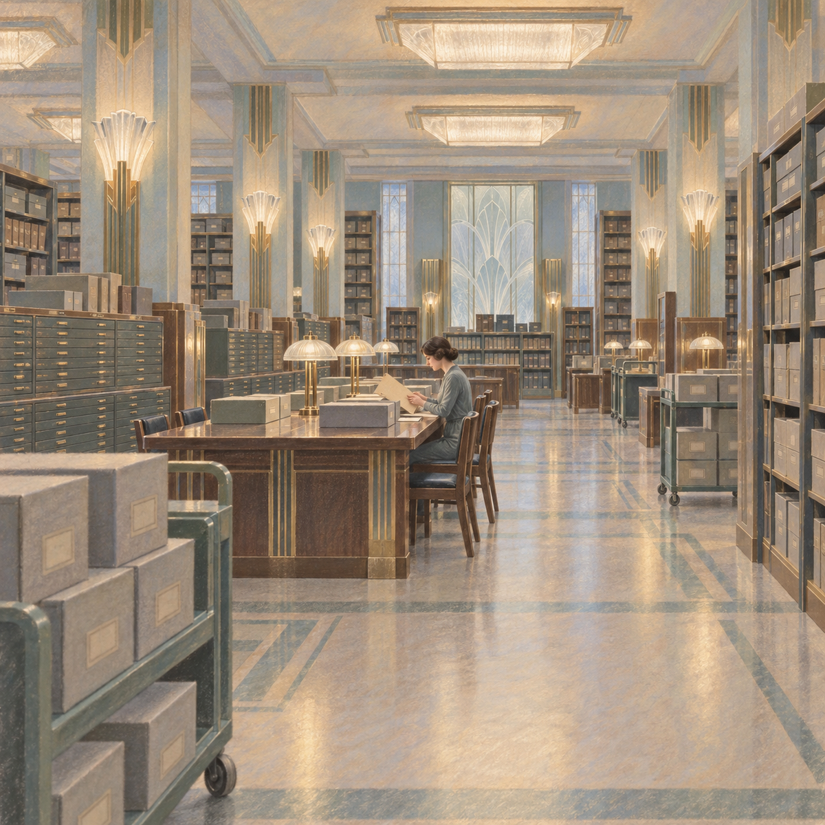 Digital Artwork Gallery | Pastel Art Deco Quietude Within a Luminous Archive Room