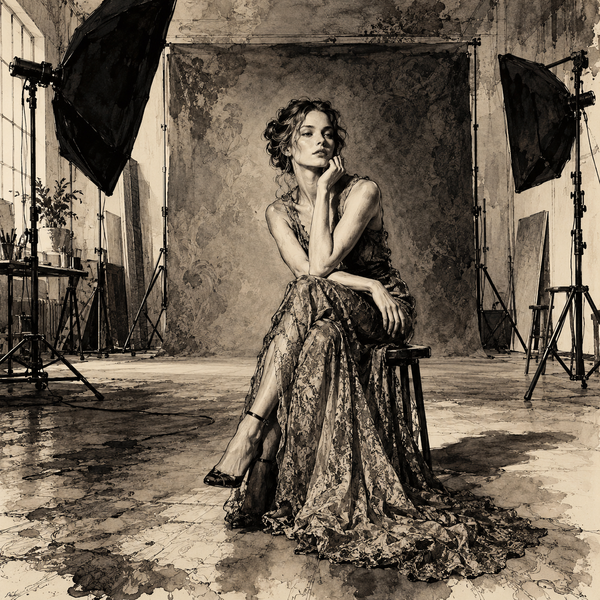 Publicity Light in Elaborate Ink Shadows Across a Quiet Studio Set by Digital Artwork Gallery