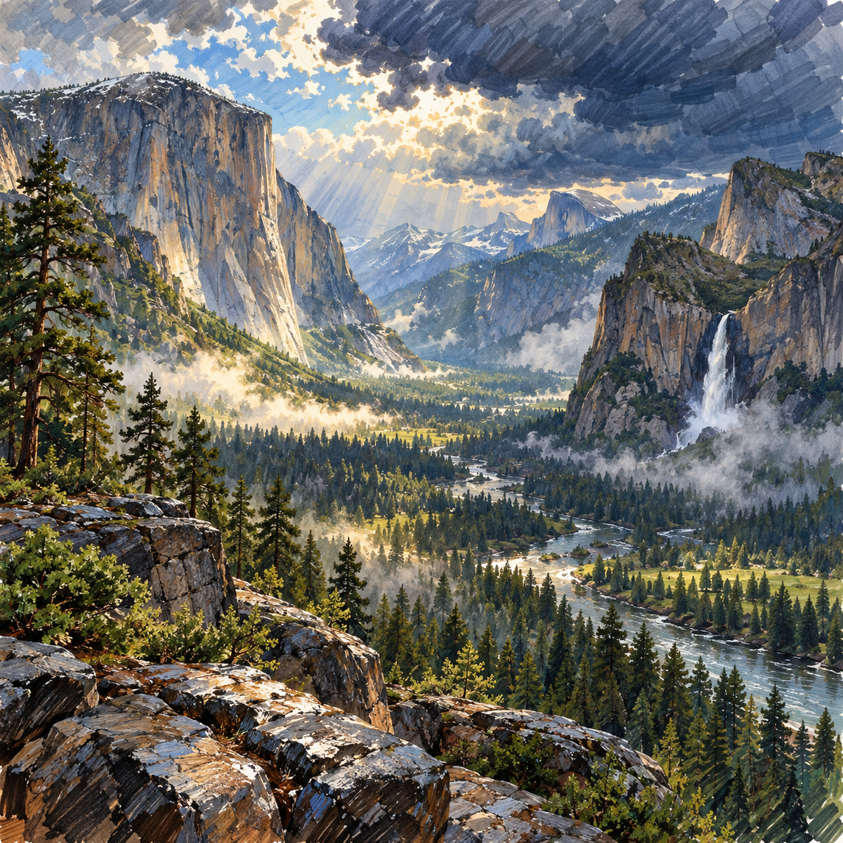Thunderwashed Yosemite in Marker Lines and Renaissance Light by Digital Artwork Gallery