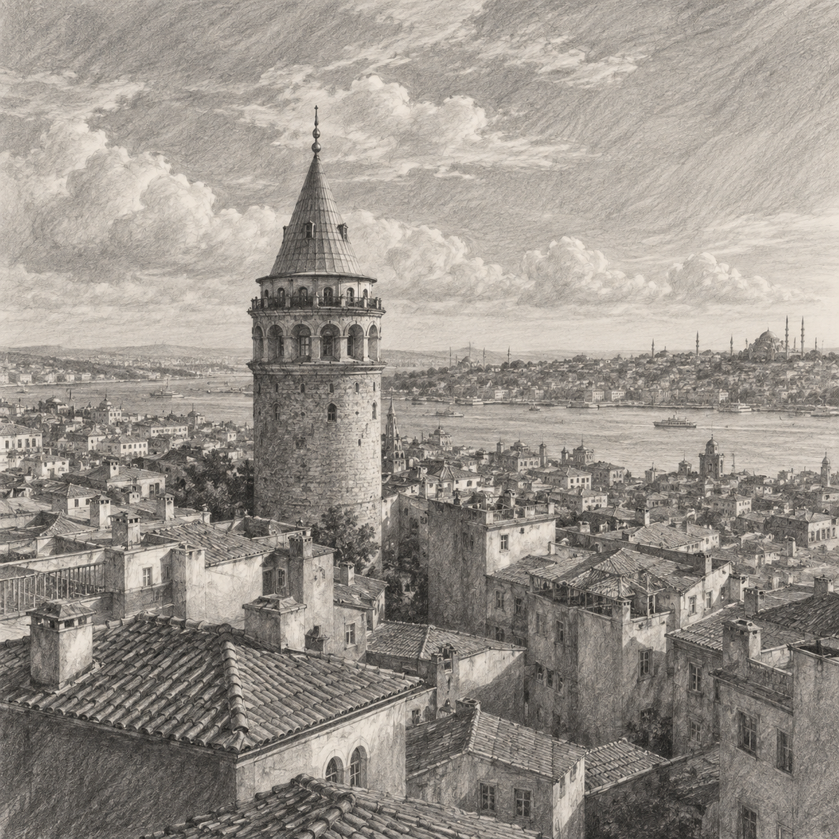 Measured Graphite Harmony Over Galata Tower and Istanbul’s Layered Rooftops by Digital Artwork Gallery