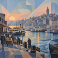 Galata Dawn in Abstract Gouache Across a Quiet 1950 Waterfront by Digital Artwork Gallery