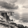 Storm-Broken Sea Cliffs in Minimal Ink and Quiet Monumental Space by Digital Artwork Gallery