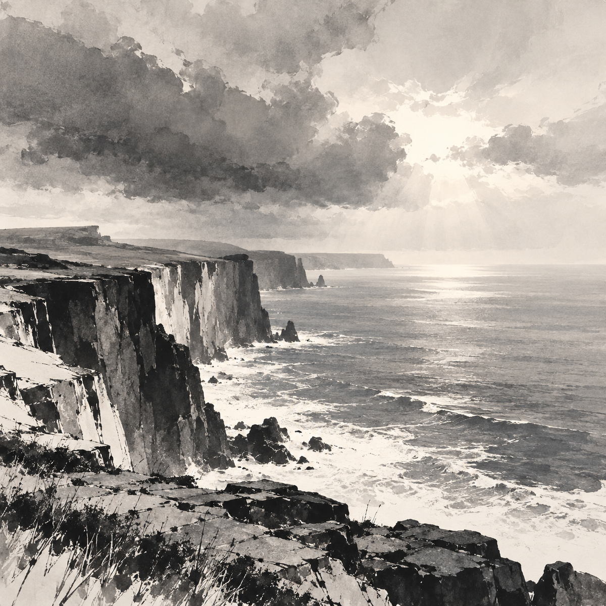 Storm-Broken Sea Cliffs in Minimal Ink and Quiet Monumental Space by Digital Artwork Gallery