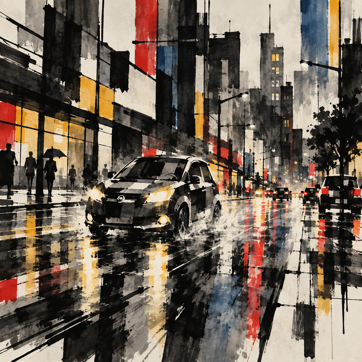 Rain Geometry Across the Midnight Street in Flowing Sumi-e Ink by Digital Artwork Gallery
