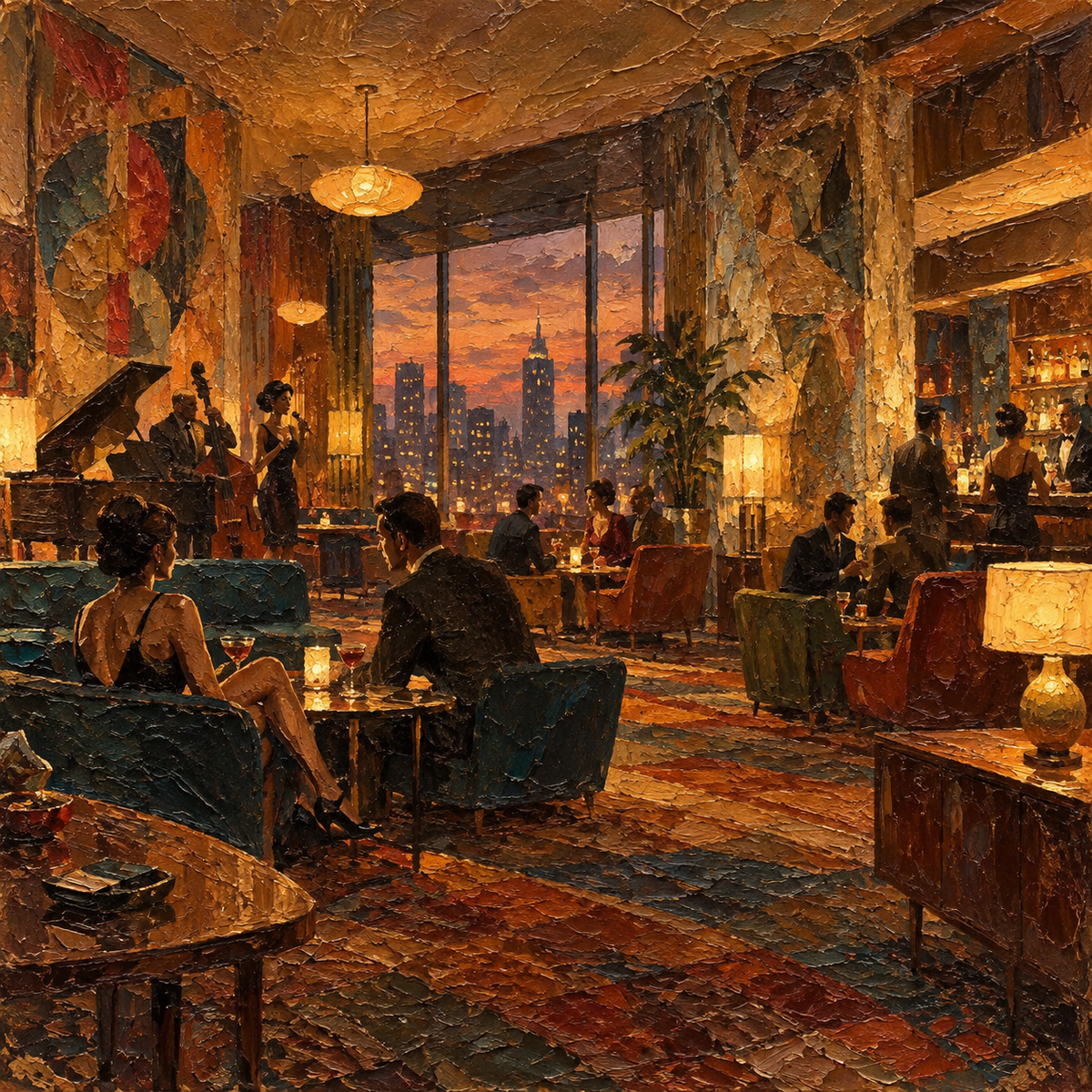 Warm Sixties Lounge Under Symbolic Evening Light in Sculpted Texturizing Paste by Digital Artwork Gallery
