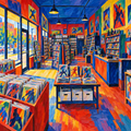 Before Opening, Fauvist Tempera Light Floods the Silent Comic Shop by Digital Artwork Gallery