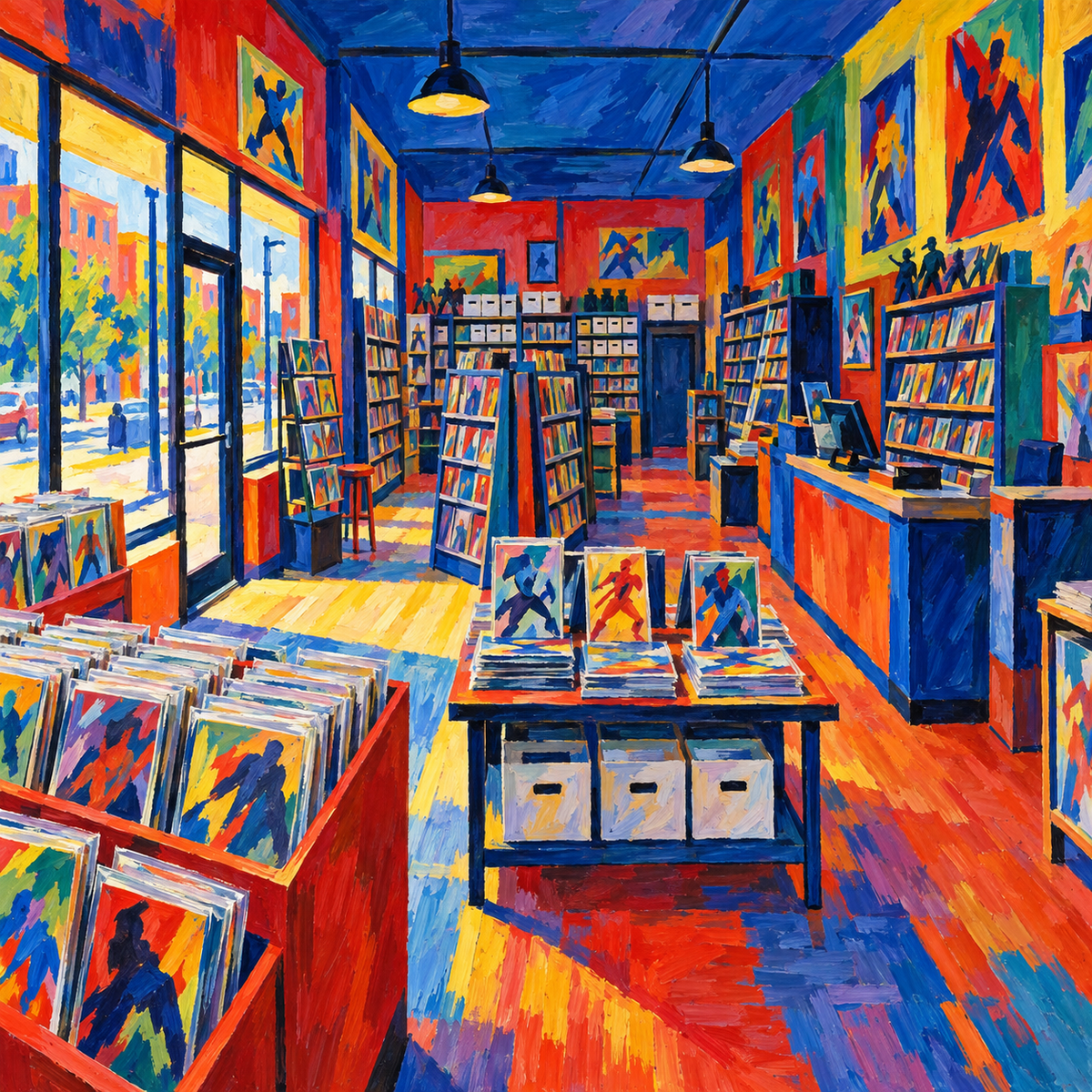 Before Opening, Fauvist Tempera Light Floods the Silent Comic Shop by Digital Artwork Gallery