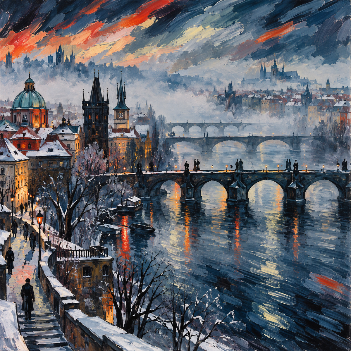 Winter Fog Fractures Prague Bridges in Glossy Enamel Expressionist Tension by Digital Artwork Gallery