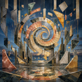 Digital Mosaic, Art Deco, A fragmented field of suspended mineral plates and translucent resin shards assembling into a gravity-defying spiral chamber by Digital Artwork Gallery