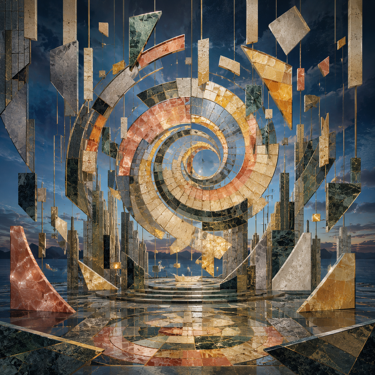 Digital Mosaic, Art Deco, A fragmented field of suspended mineral plates and translucent resin shards assembling into a gravity-defying spiral chamber by Digital Artwork Gallery