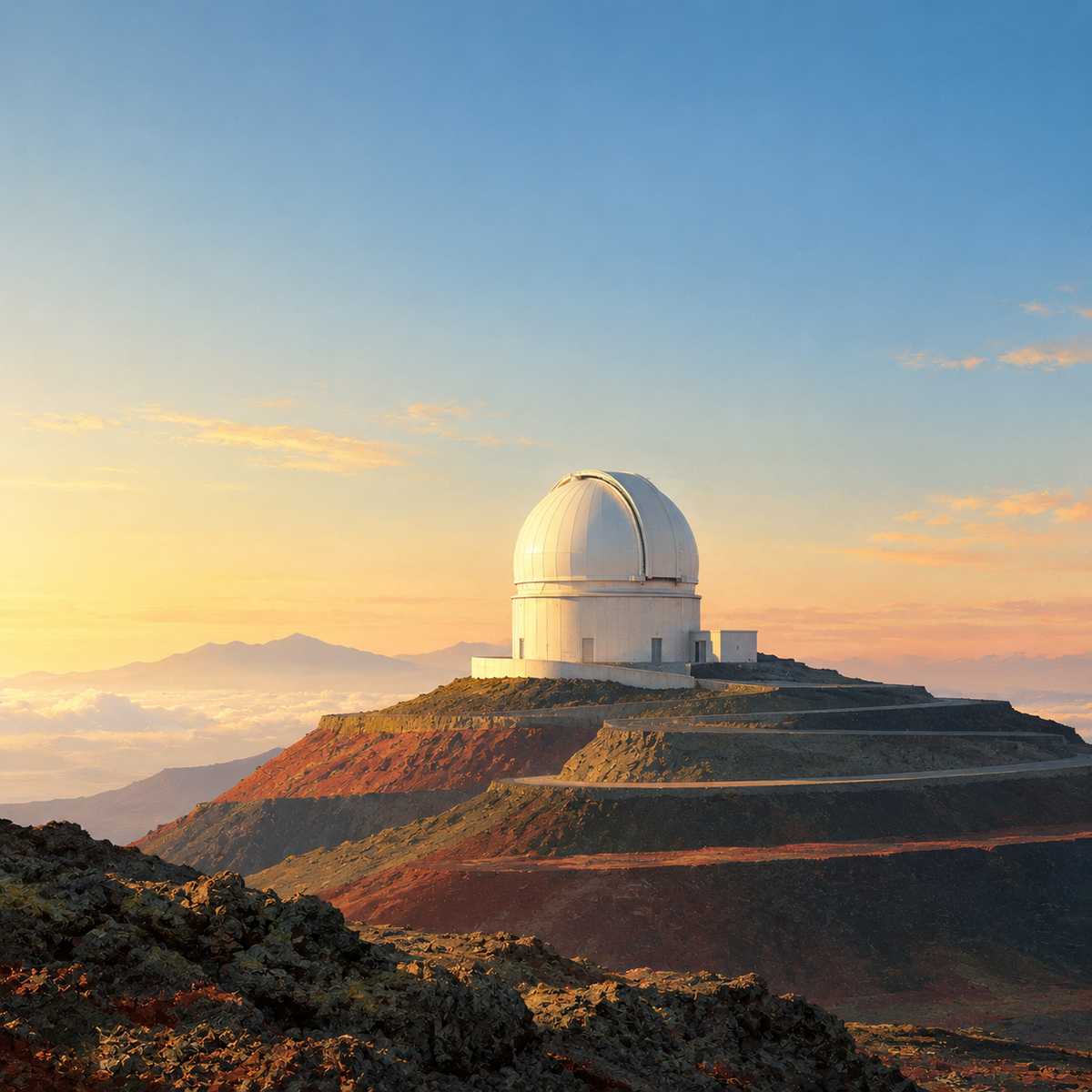 Photoreal Digital Painting, Minimalist, A textless graphic composition of a single white observatory dome rising above stepped volcanic terrain under a vast morning sky by Digital Artwork Gallery