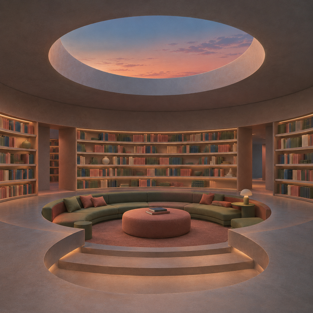 Digital Airbrush, Minimalist, A silent circular reading room with a sunken central lounge, curved built-in shelves, and one skylight opening onto the last light of dusk by Digital Artwork Gallery