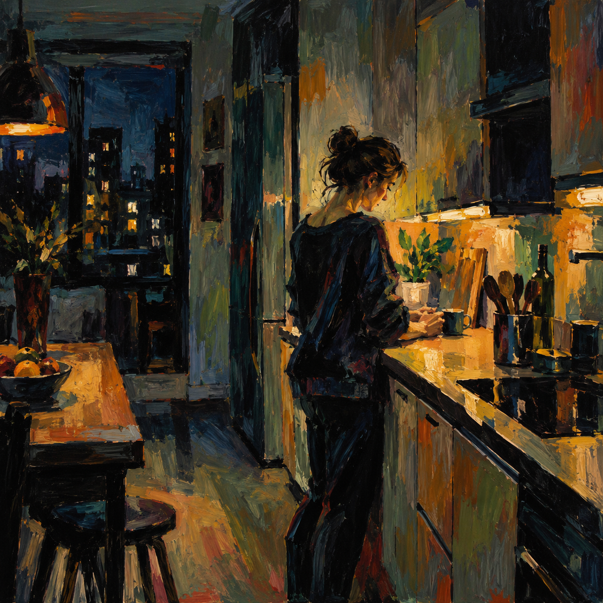 Midnight Kitchen Solitude in Restless Oil Light and Electric Shadow by Digital Artwork Gallery