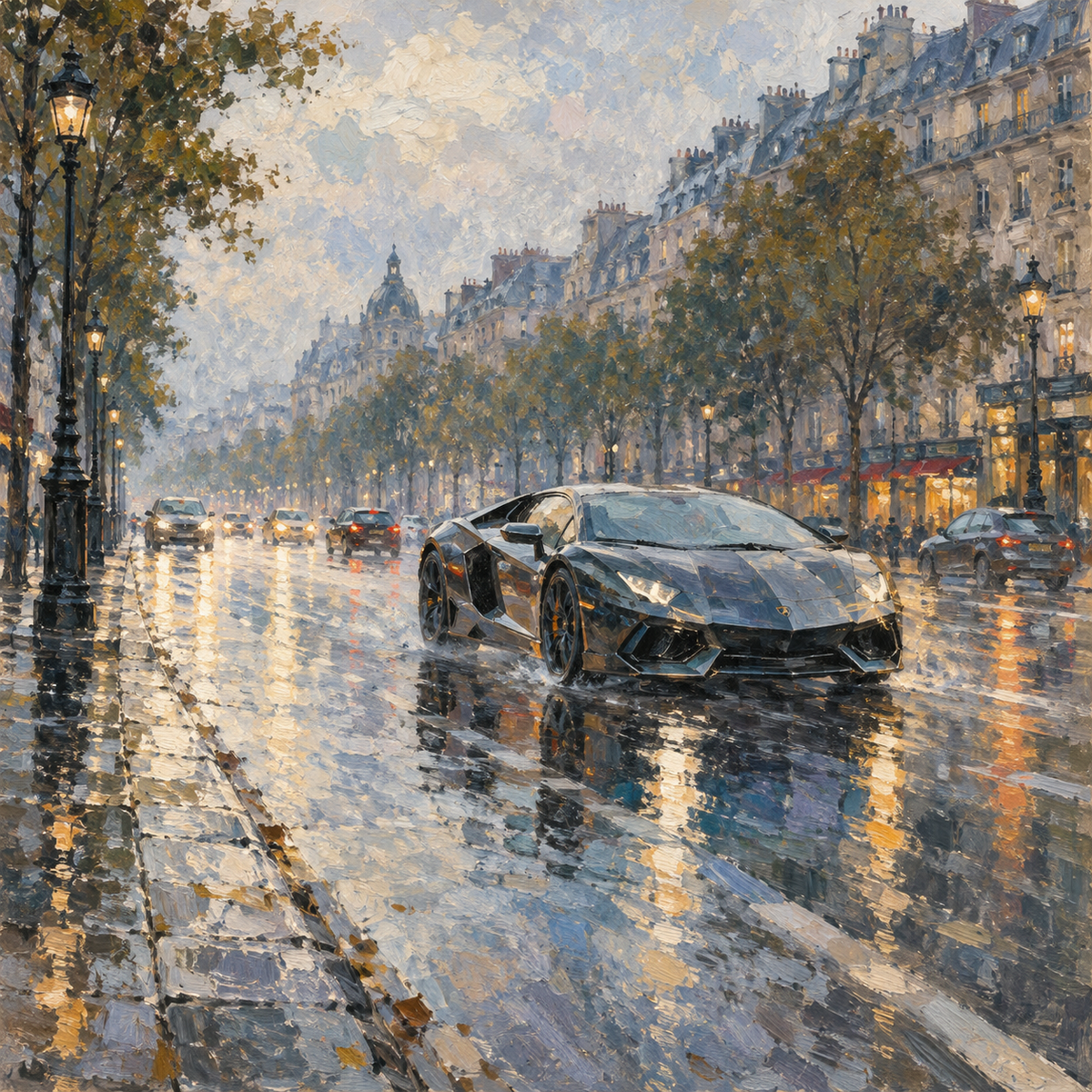 Rainlit Supercar Glides Through Wet Boulevard in Velvety Impressionist Light by Digital Artwork Gallery