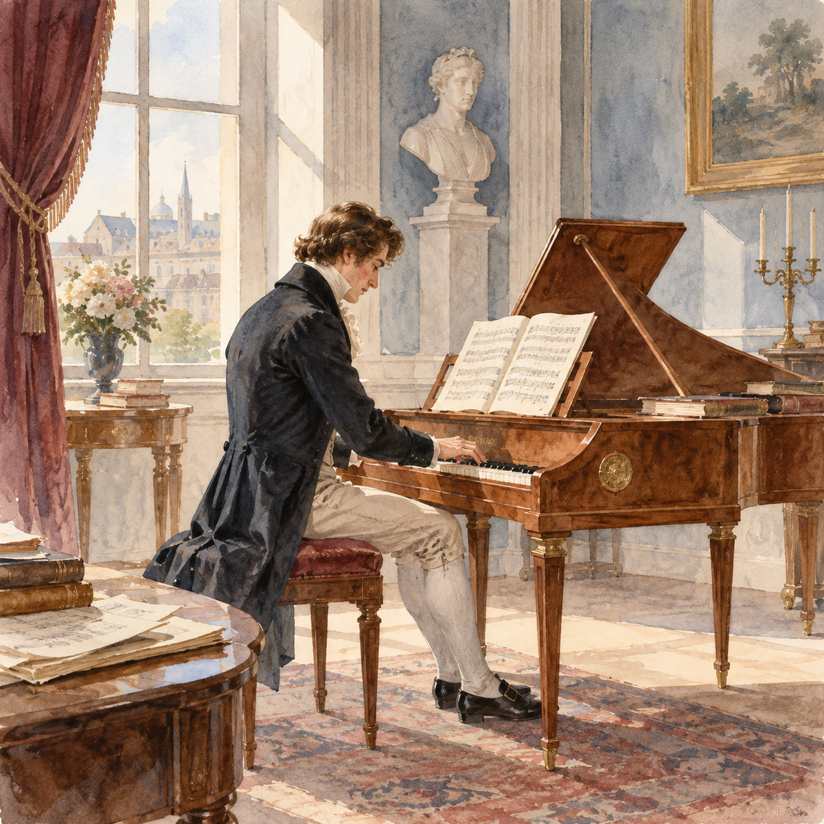 Quiet Keys Before the Recital in Luminous Watercolor by Digital Artwork Gallery