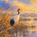 Digital Pastel, Surrealist, A solitary red-crowned crane standing among wind-bent reeds beside a shallow marsh, with distant waterfowl crossing the horizon by Digital Artwork Gallery