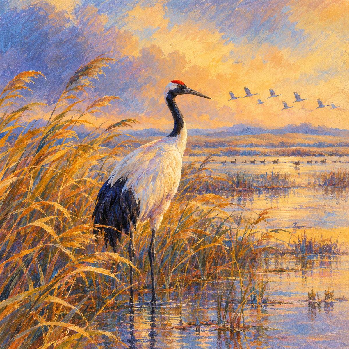Digital Pastel, Surrealist, A solitary red-crowned crane standing among wind-bent reeds beside a shallow marsh, with distant waterfowl crossing the horizon by Digital Artwork Gallery