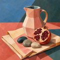 Digital Tempera, Geometric Abstraction, A tabletop arrangement of folded linen, a ceramic water pitcher, three polished river stones, and a halved pomegranate organized into interlocking geometric masses by Digital Artwork Gallery