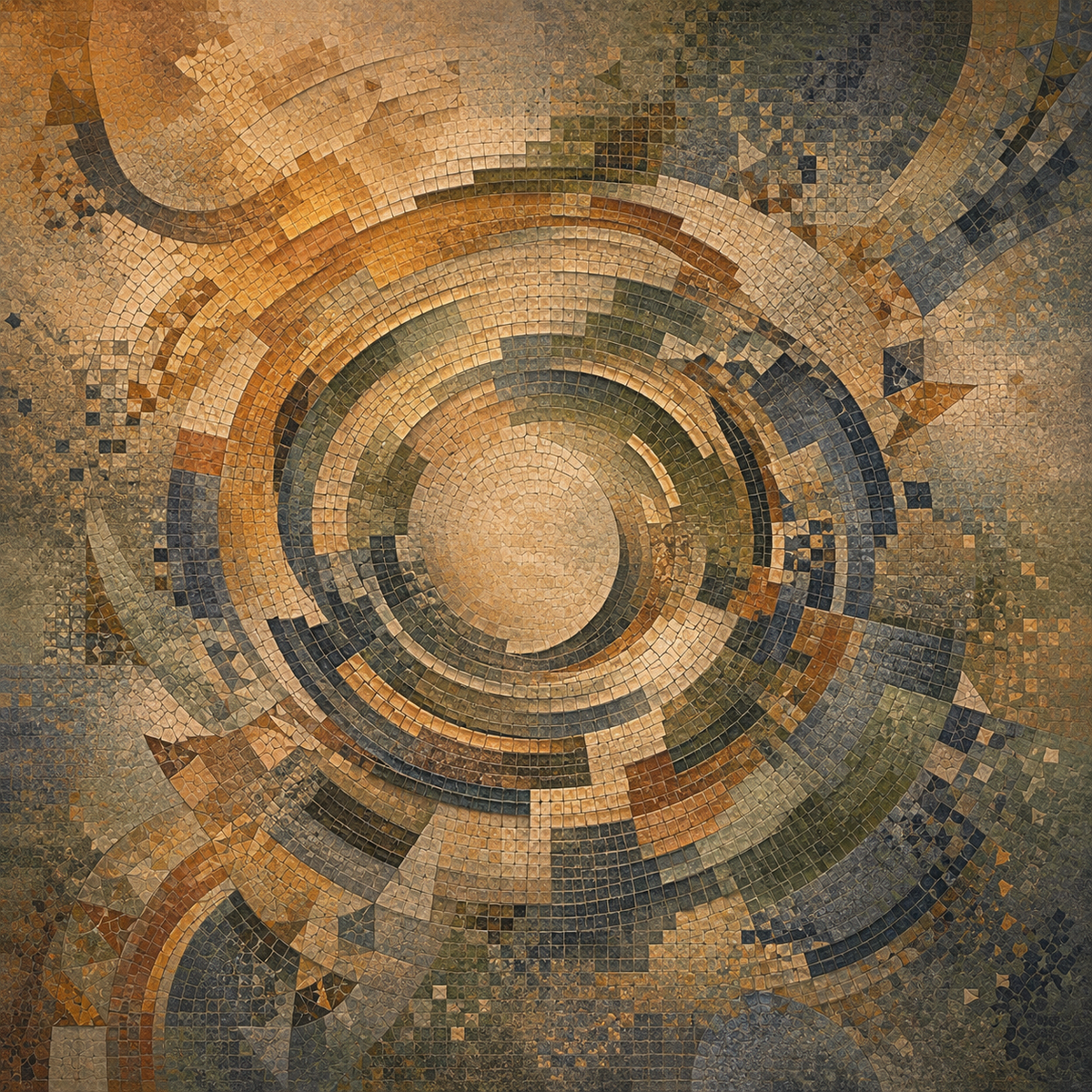 Digital Mosaic, Impressionist, Interlocking concentric arcs and stepped planes orbiting a quiet central void, creating the impression of shifting tidal currents without depicting a literal landscape by Digital Artwork Gallery
