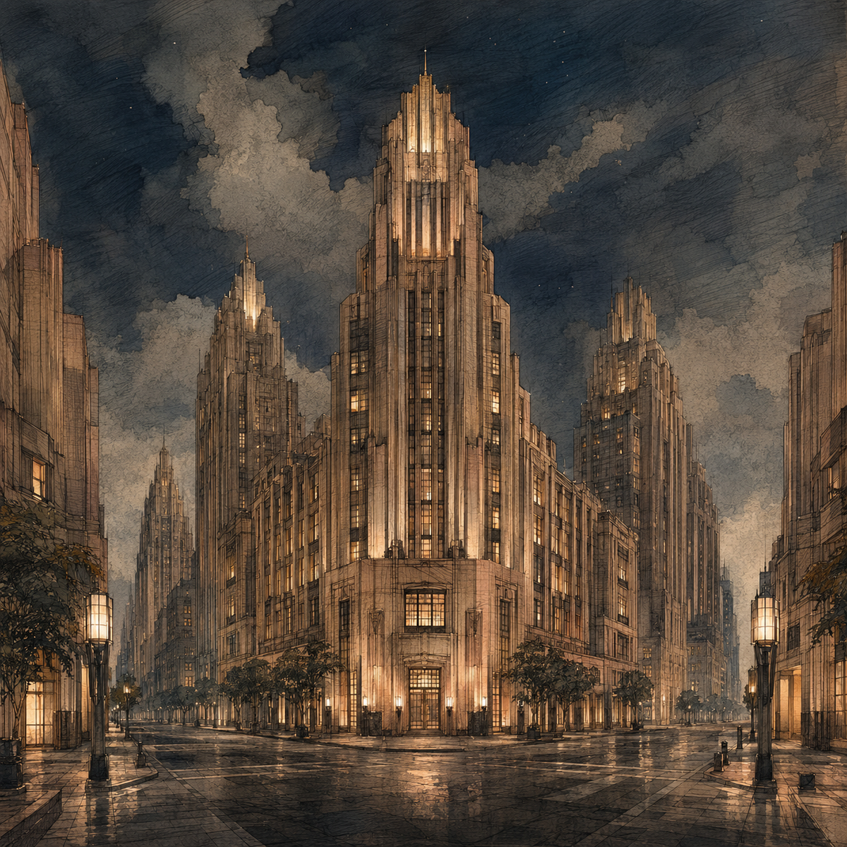 Ink Drawing, Renaissance, Art Deco District by Digital Artwork Gallery