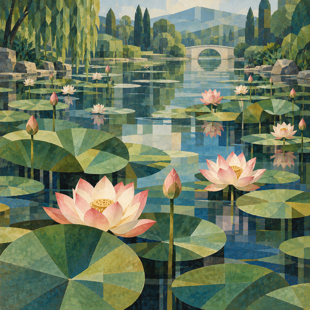 Lotus Pond in Geometric Abstraction, Tempera — Still Water Geometry by Digital Artwork Gallery