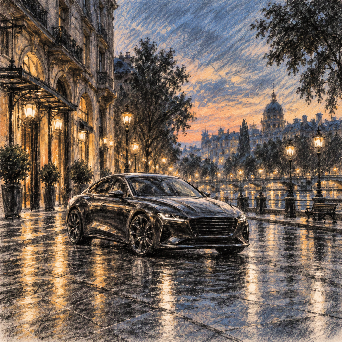 Modern Luxury Car in Impressionist Charcoal — Evening Poise by Digital Artwork Gallery