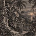 Tropical Foliage in Twilight Grace, Rococo Charcoal by Digital Artwork Gallery