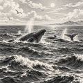 Whales at Sea in Silent Passage, Symbolist Ink Drawing by Digital Artwork Gallery