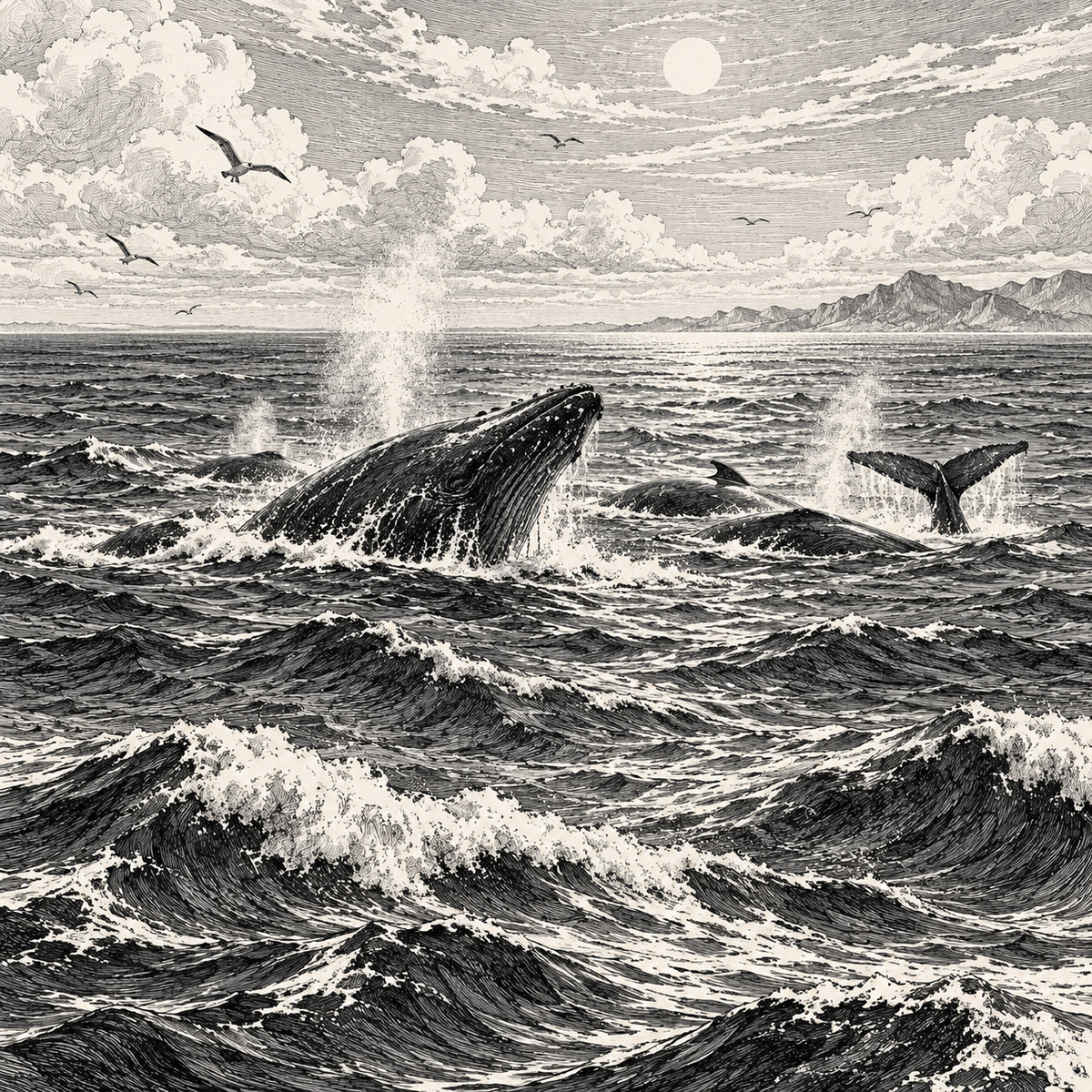 Whales at Sea in Silent Passage, Symbolist Ink Drawing by Digital Artwork Gallery