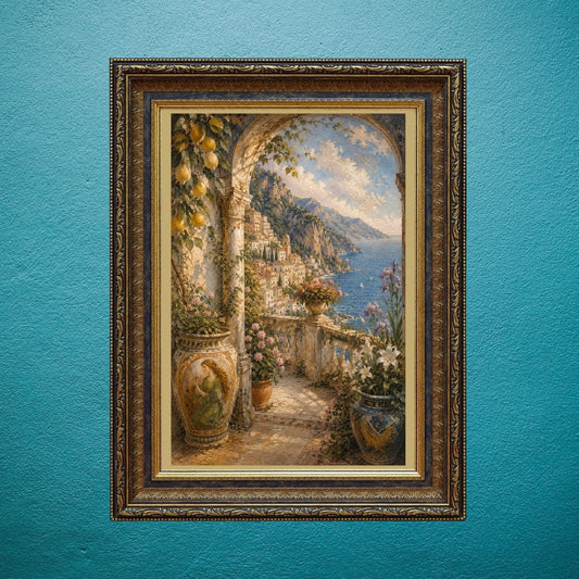 Mediterranean Light Embraces Timeless Stone Gardens Above Azure Waters | Fresco Digital Artwork