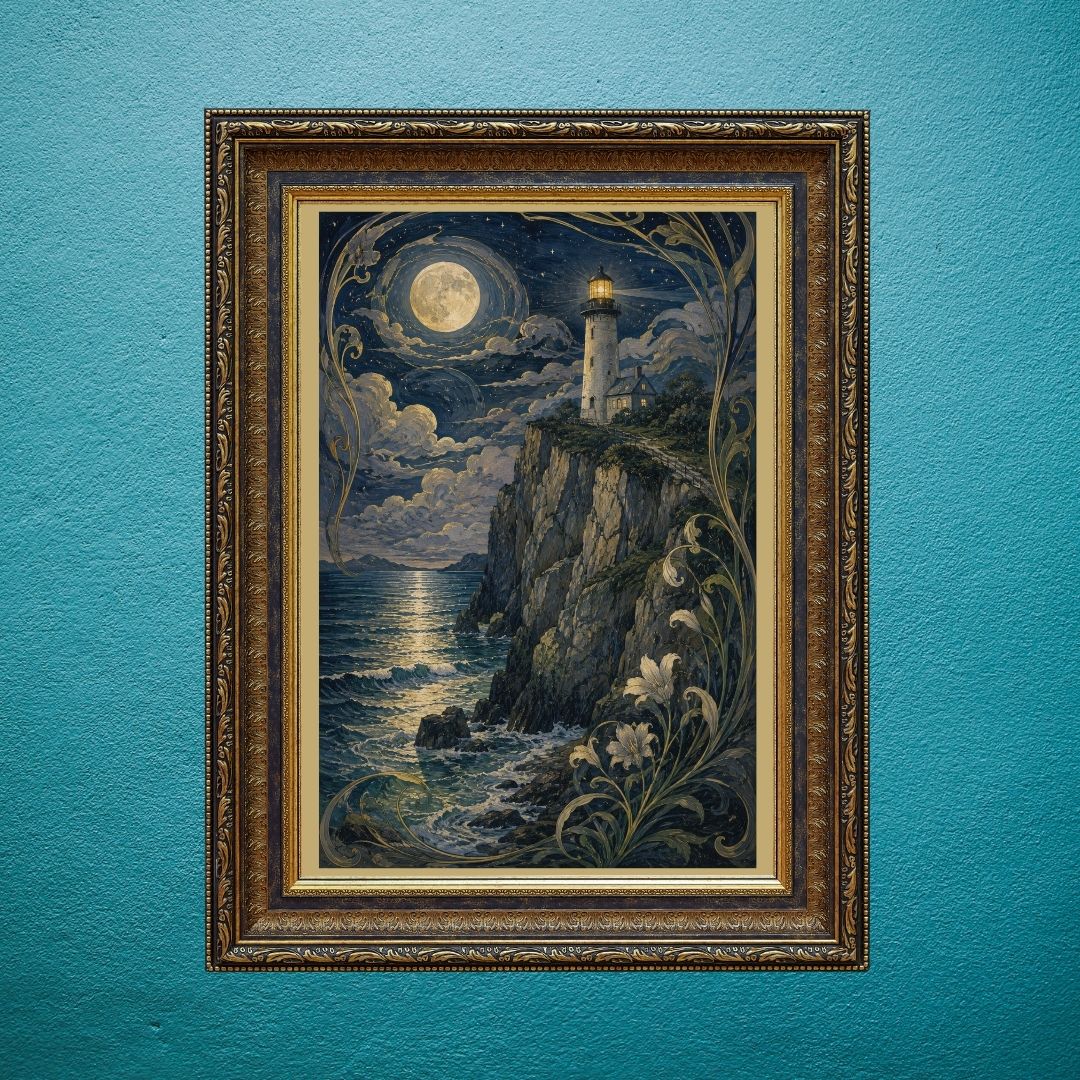 Silver Moon Watches Faithful Lighthouse Above Whispering Coastal Stillness | Egg Tempera Digital Artwork