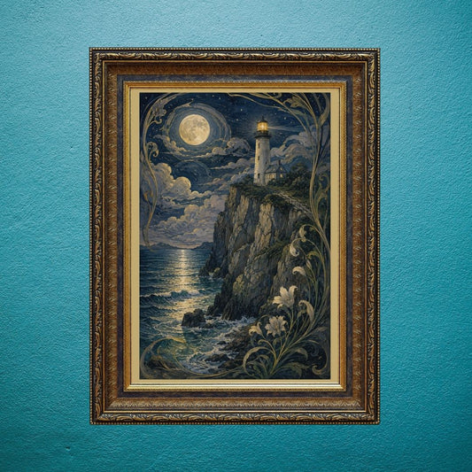 Silver Moon Watches Faithful Lighthouse Above Whispering Coastal Stillness | Egg Tempera Digital Artwork