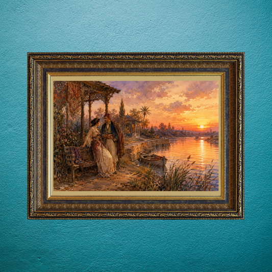 Sunset Embers Drift Around A Tender Secret Riverside Encounter | Watercolor Digital Artwork